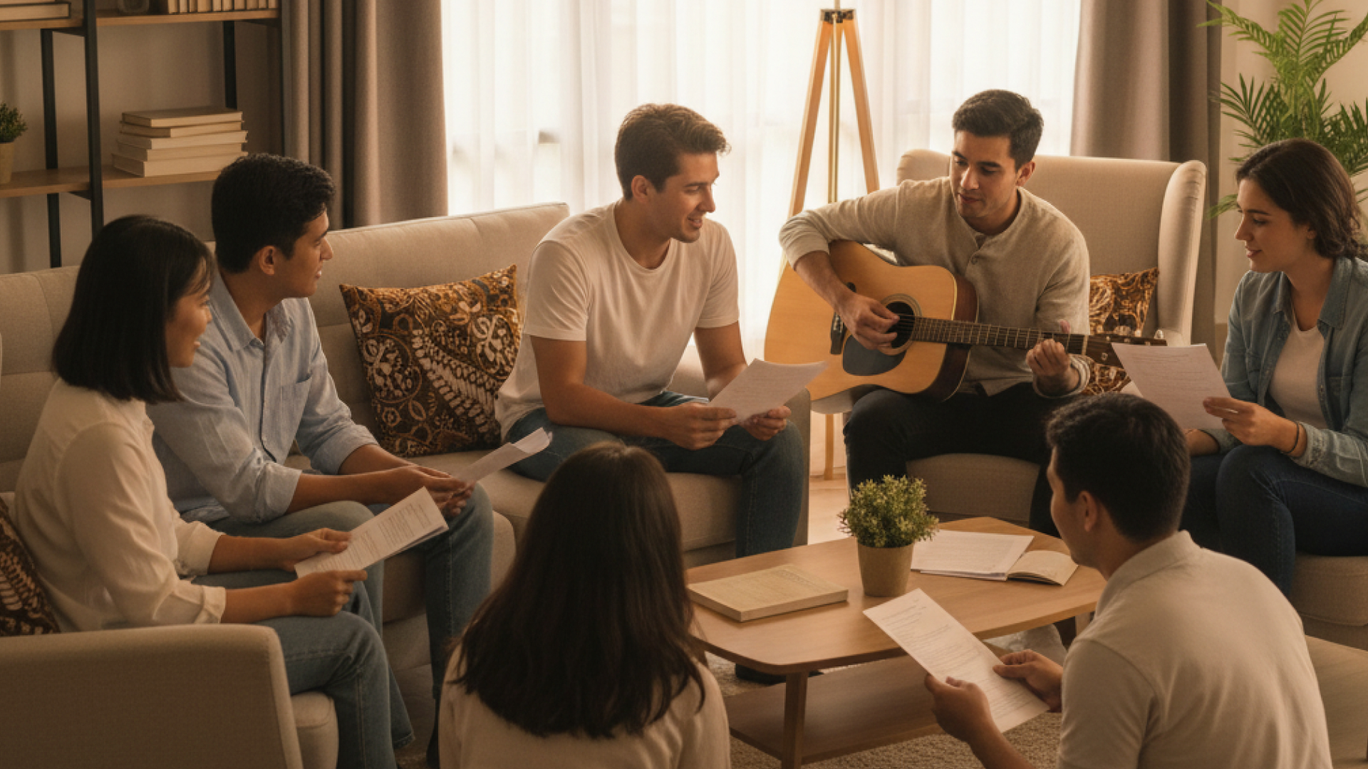 Small group Bible study in a cozy living room setting