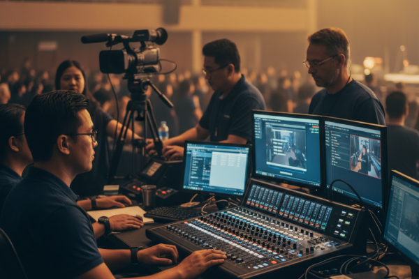 Media and tech team operating sound and video equipment