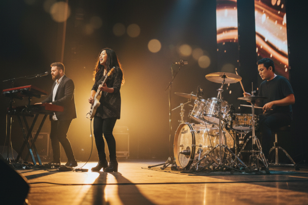 Worship team performing on stage during service